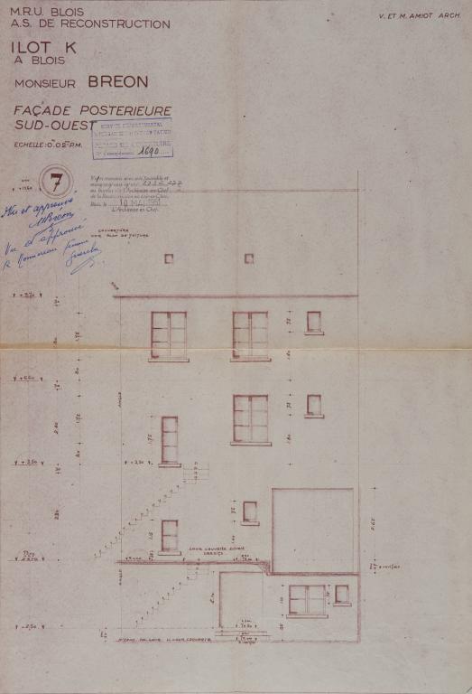 Façade sur cour sud-ouest, par Victor et Maurice Amiot, 1951. (Archives départementales de Loir-et-Cher, Blois, 1195 W 43).