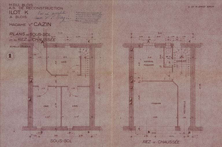 Plans du sous-sol et du rez-de-chaussée du 5 rue Henry-Drussy par Victor et Maurice Amiot, vers 1951. (Archives départementales de Loir-et-Cher, Blois, 1195 W 43).