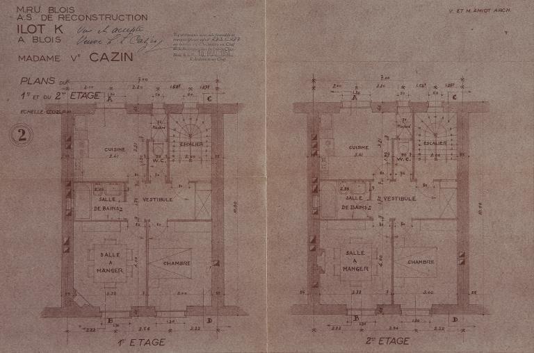 Plans du premier et du second étage du 5 rue Henry-Drussy, par Victor et Maurice Amiot, vers 1951. (Archives départementales de Loir-et-Cher, Blois, 1195 W 43).