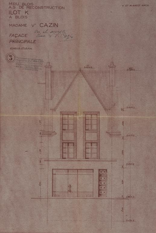 Façade principale du 5 rue Henry-Drussy, par Victor et Maurice Amiot, vers 1951. (Archives départementales de Loir-et-Cher, Blois, 1195 W 43).