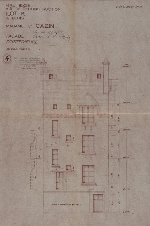 Façade sur cour du 5 rue Henry-Drussy, par Victor et Maurice Amiot, vers 1951. (Archives départementales de Loir-et-Cher, Blois, 1195 W 43).