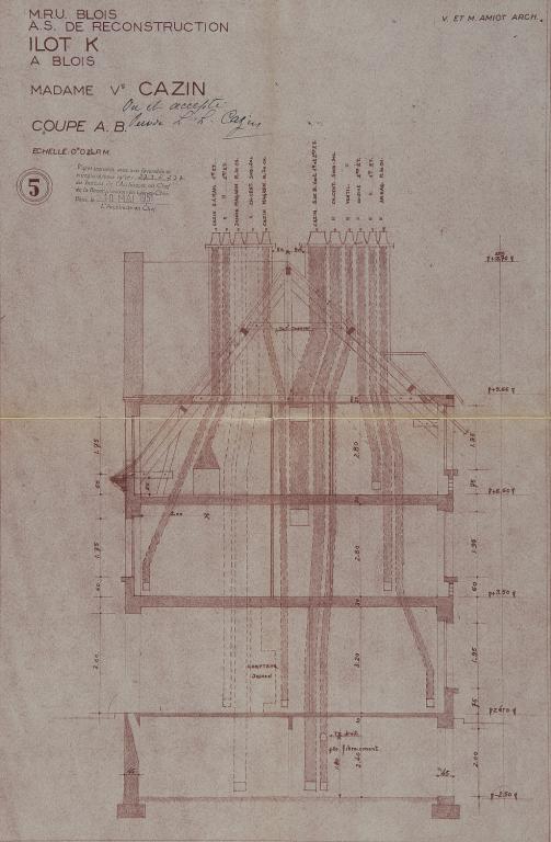 Coupe du 5 rue Henry-Drussy, par Victor et Maurice Amiot, vers 1951. (Archives départementales de Loir-et-Cher, Blois, 1195 W 43).