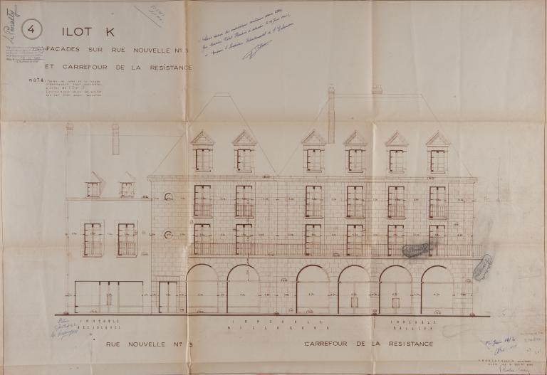 Façade sur la rue Henry-Drussy et sur le carrefour de la Résistance, projet de Paul Robert-Houdin, 1951-52. (Archives départementales de Loir-et-Cher, Blois, 1195 W 43).