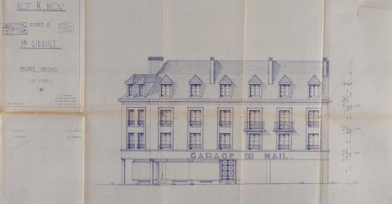Façade principale sur la rue Jeanne-d'Arc, projet de L. Joubert, 1954. (Archives départementales de Loir-et-Cher, Blois, 1195 W 43).