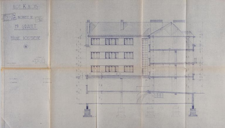 Façade postérieure ouest et coupe, projet de L. Joubert, 1954. (Archives départementales de Loir-et-Cher, Blois, 1195 W 43).