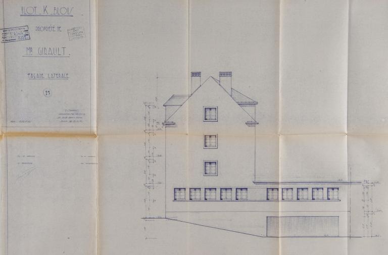 Façade latérale sur passage d'accès au coeur d'îlot, projet de L. Joubert, 1954. (Archives départementales de Loir-et-Cher, Blois, 1195 W 43).