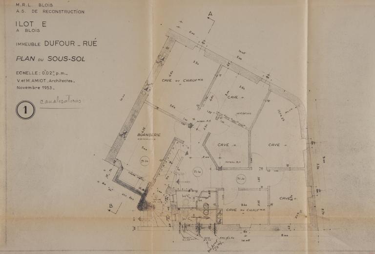 Plan du sous-sol, projet de V. et M. Amiot, 1953. (Archives départementales de Loir-et-Cher, Blois, 1195 W 43).