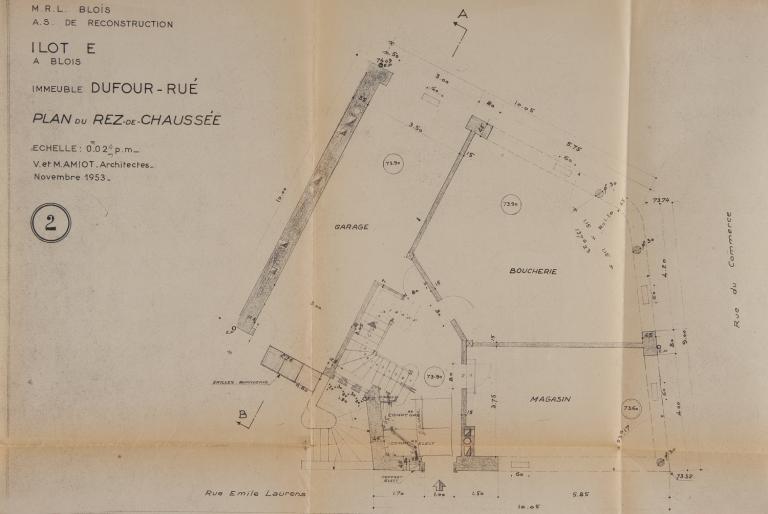 Plan du rez-de-chaussée, projet de V. et M. Amiot, 1953. (Archives départementales de Loir-et-Cher, Blois, 1195 W 43).