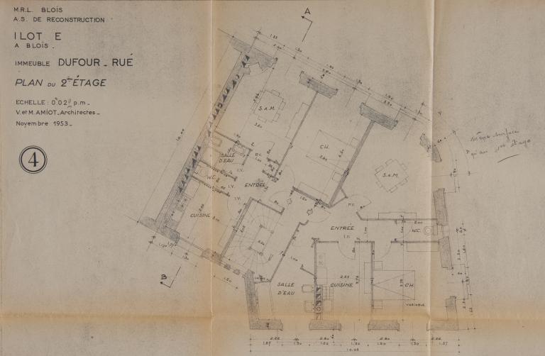 Plan du deuxième étage, projet de V. et M. Amiot, 1953. (Archives départementales de Loir-et-Cher, Blois, 1195 W 43).