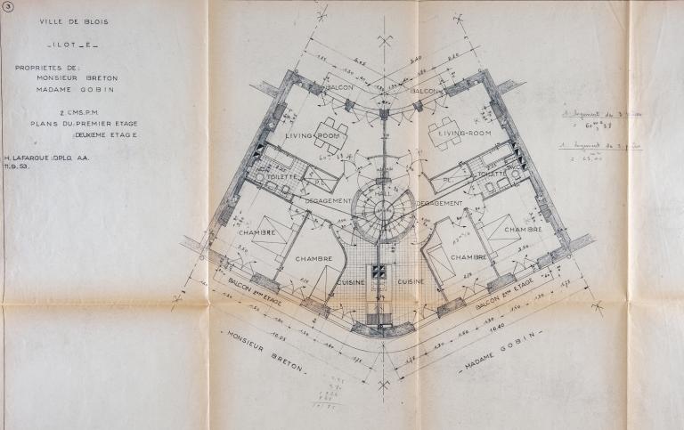 Plan du premier et du deuxième étage, projet d'Henri Lafargue, 1953. (Archives départementales de Loir-et-Cher, Blois, 1195 W 43).