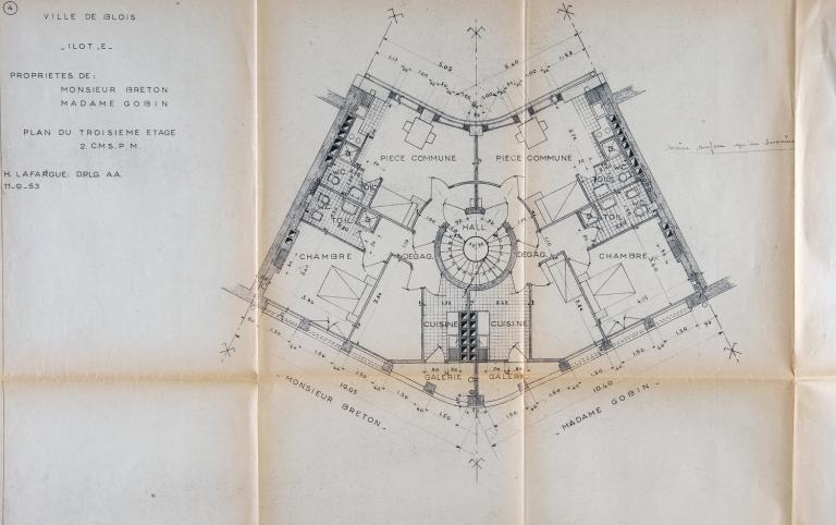 Plan du troisième étage, projet d'Henri Lafargue, 1953. (Archives départementales de Loir-et-Cher, Blois, 1195 W 43).