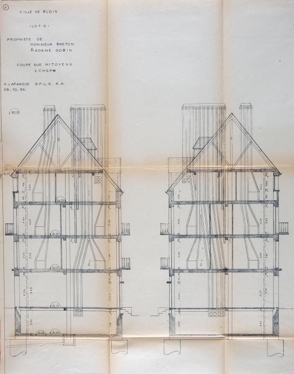 Coupe sur mitoyens, projet d'Henri Lafargue, 1953. (Archives départementales de Loir-et-Cher, Blois, 1195 W 43).