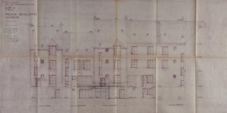 Façade développée sur cour des immeubles de la rue Henry-Drussy, plan de Victor et Maurice Amiot annexé au permis de construire, 1951. (Archives départementales de Loir-et-Cher, Blois, 1195 W 43).