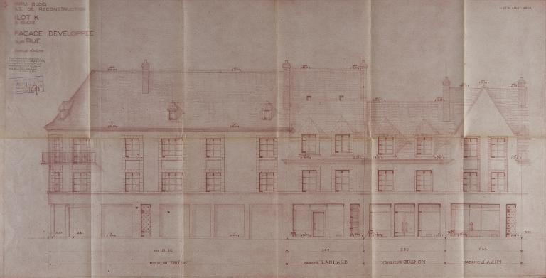 Façade développée sur la rue Henry-Drussy, plan de Victor et Maurice Amiot annexé au permis de construire, 1951. (Archives départementales de Loir-et-Cher, Blois, 1195 W 43).