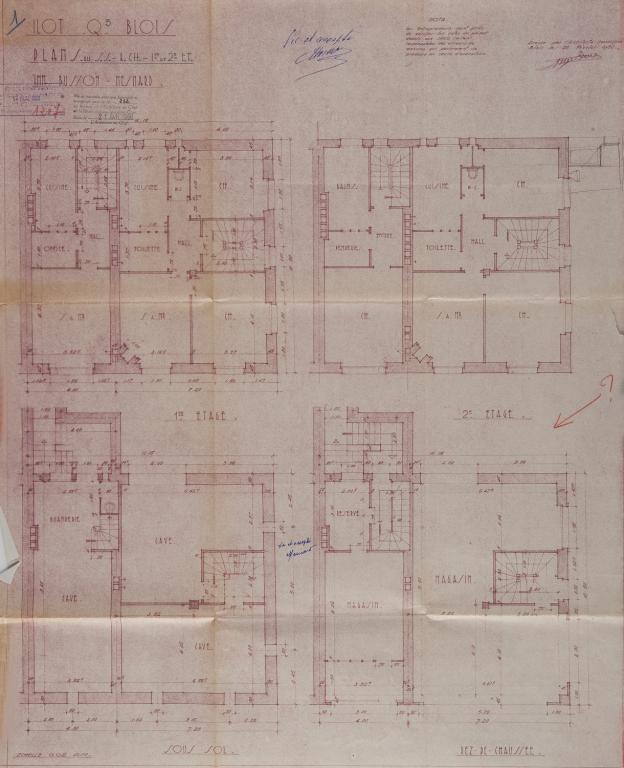 Plans du sous-sol, du rez-de-chaussée et des deux étages, par René Erre, 1950. (Archives départementales de Loir-et-Cher, Blois, 1195 W 43).