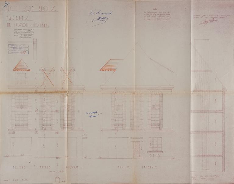 Façades sur l'avenue du Président-Wilson et sur la rue des Alliés, et coupe, par René Erre, 1950. (Archives départementales de Loir-et-Cher, Blois, 1195 W 43).