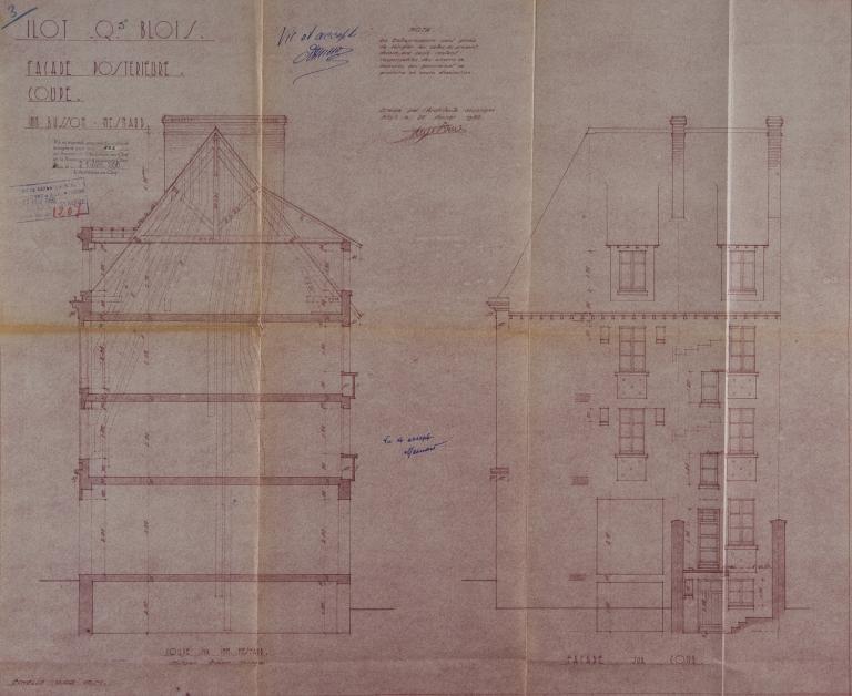 Façade sur cour et coupe, par René Erre, 1950. (Archives départementales de Loir-et-Cher, Blois, 1195 W 43).