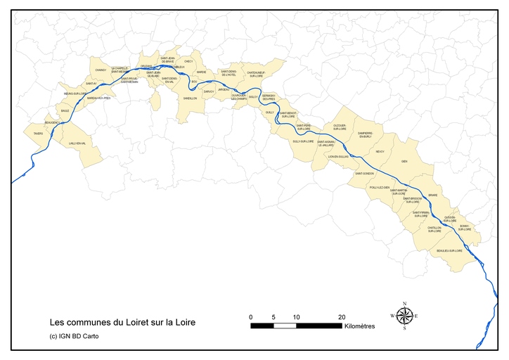 Les communes du Loiret riveraines de la Loire.