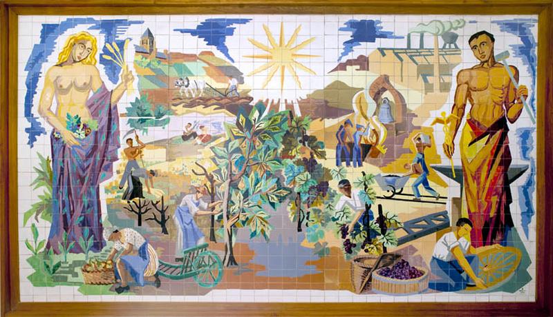 Vue d'ensemble du panneau représentant les allégories de l'agriculture et de l'architecture.