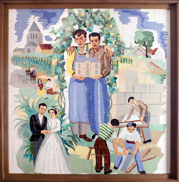 Vue d'ensemble du panneau représentant l'allégorie de la construction de la mairie symbolisant la ville de Saint-Jean-de-Braye.