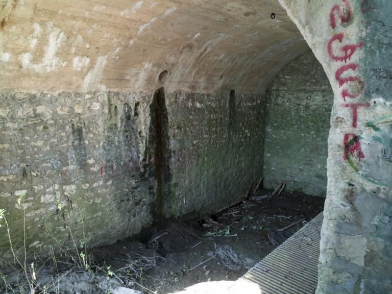 Garage à bateau daté de 1906 : vue de l'intérieur avec un ponton à droite. Le garage mesure environ quatre mètres sur huit mètres. Il y a six anneaux métalliques accrochés en ligne droite sur la voûte plein cintre.