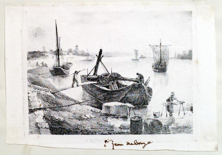 Mariniers et lavandières sur la Loire d'après un dessin de Charles Pensée, vers 1826. (musée de la Marine de Loire, Châteauneuf-sur-Loire, M 1338 A).