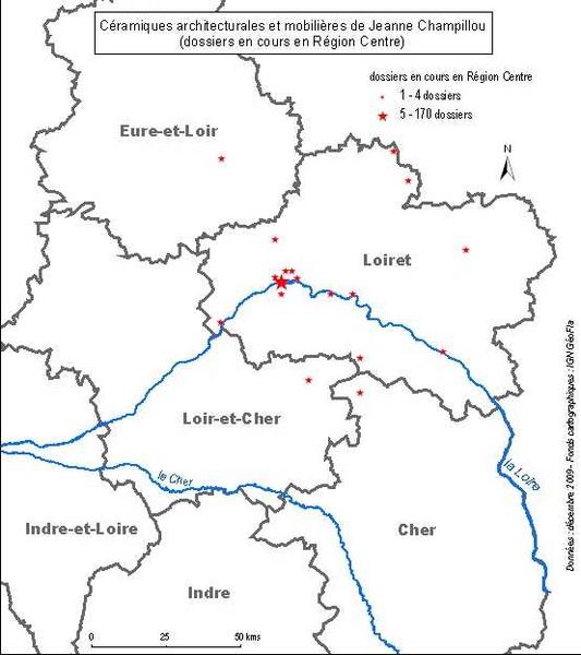 Carte des communes de la Région Centre où se trouvent au moins une oeuvre réalisée par l'atelier du Clos de Joye.