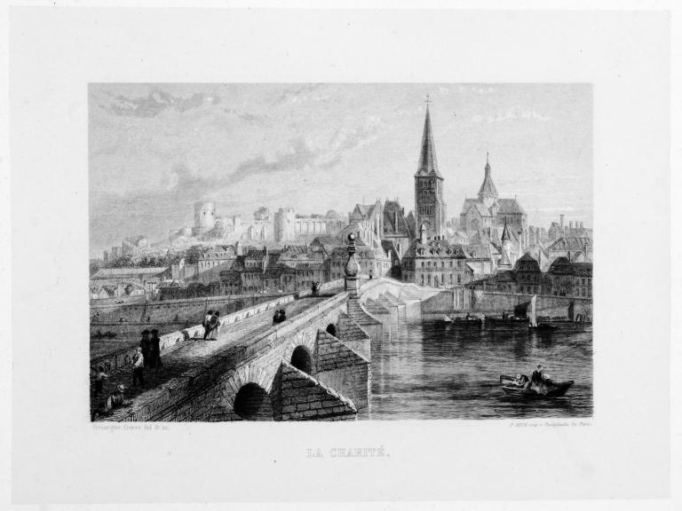 Le pont sur la Loire à La Charité, par les frères Rouargues, 1856. (musée de la Marine de Loire, Châteauneuf-sur-Loire). ; Le pont sur la Loire à La Charité, par les frères Rouargues, 1856. (musée de la Marine de Loire, Châteauneuf-sur-Loire).