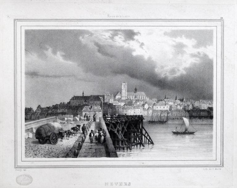 Le pont sur la Loire à Nevers et en arrière plan à droite, l'embouchure de la Nièvre par Deroy, début des années 1830. (musée de la Marine de Loire, Châteauneuf-sur-Loire).