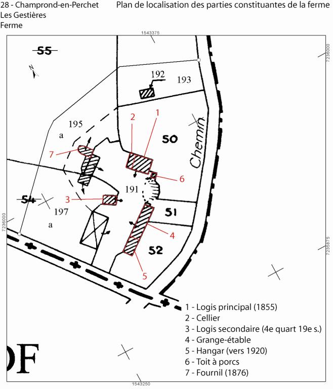 Plan de localisation des parties constituantes de la ferme (fond : extrait du cadastre de 1987, section C, Parc naturel régional du Perche).