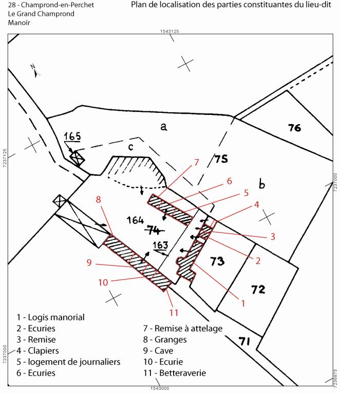 Plan de localisation des parties constituantes du lieu-dit (fond : extrait du cadastre de 1987, section C).