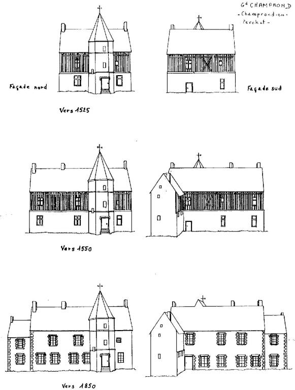 Dessins des élévations du manoir à différentes époques (Gilles Provost, 1992). (Université François Rabelais, Tours).