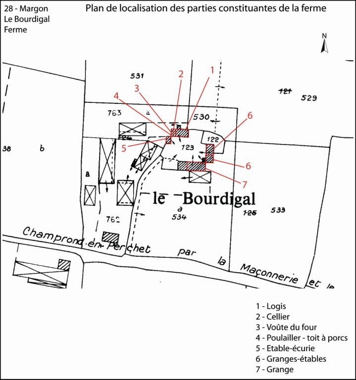 Plan de localisation des bâtiments de la ferme (fond : plan cadastral de 1990, section E)./ Florent Maillard. (Parc naturel régional du Perche).