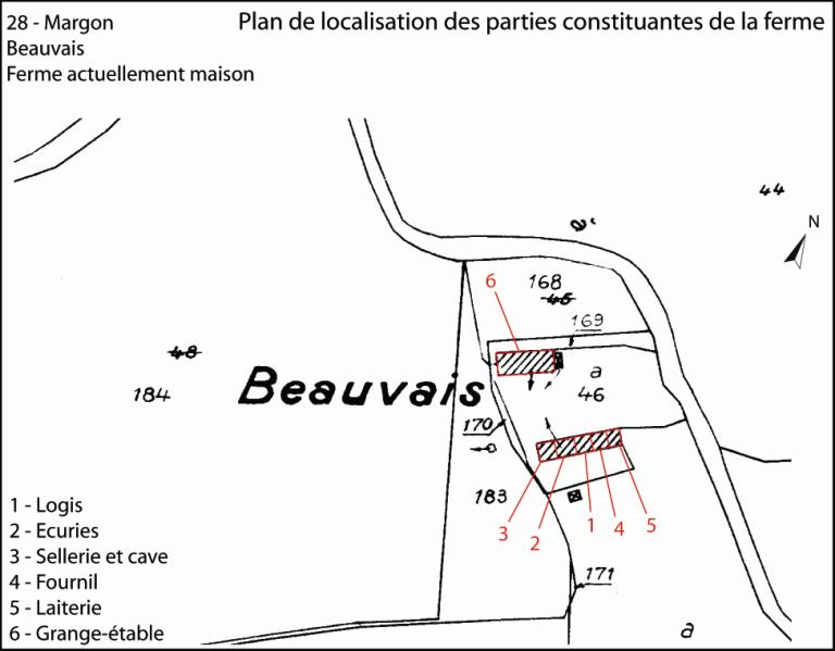 Plan de localisation des bâtiments de la ferme (fond : plan cadastral de 1990, section B).