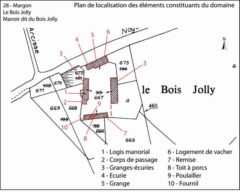 Plan de localisation des bâtiments du lieu-dit (fond : plan cadastral de 1990, section E). /Florent Maillard. (Parc naturel régional du Perche). 