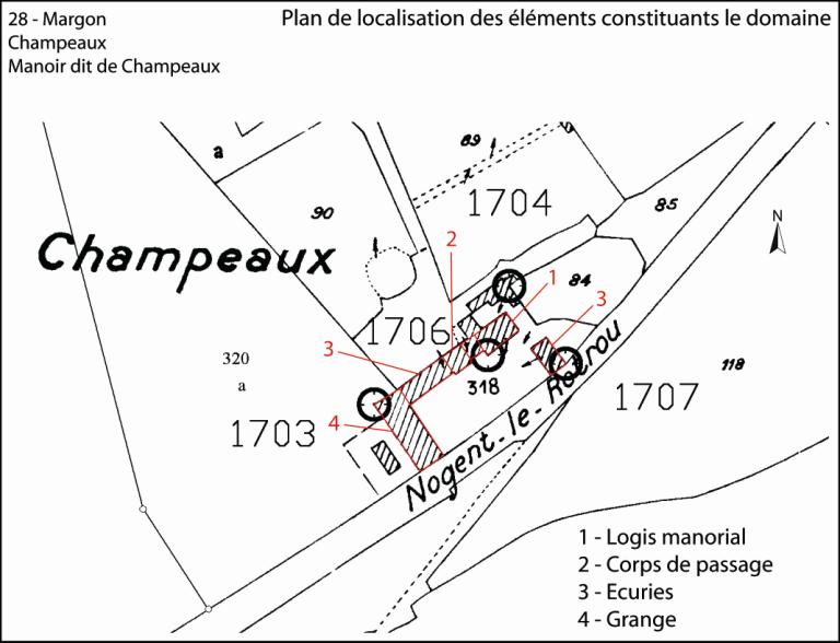 Plan de localisation des bâtiments du lieu-dit (fond : plan cadastral de 1990, section C2)./Maillard, Florent. (Parc naturel régional du Perche). 