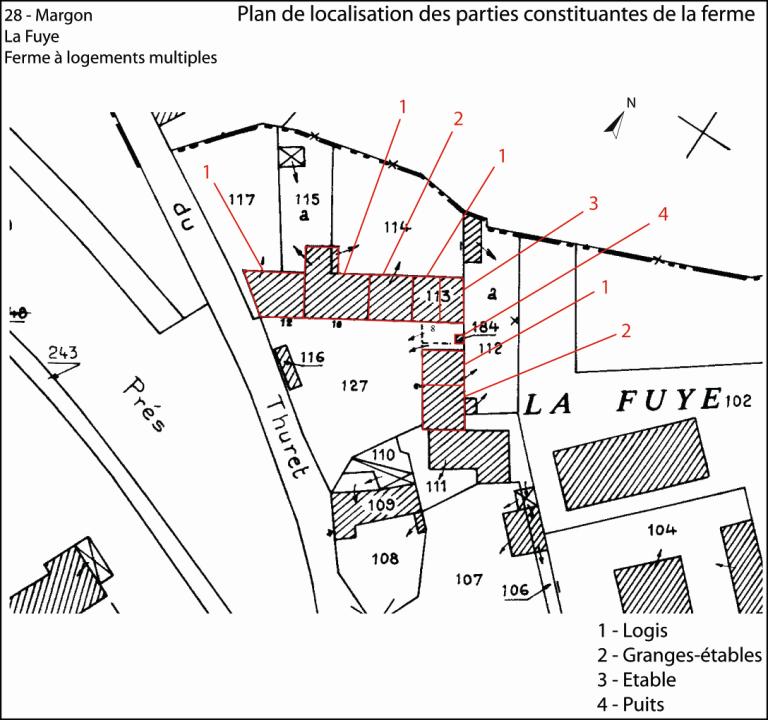 Plan de localisation des parties constituantes de la ferme (fond : plan cadastral de 1990, section AA).