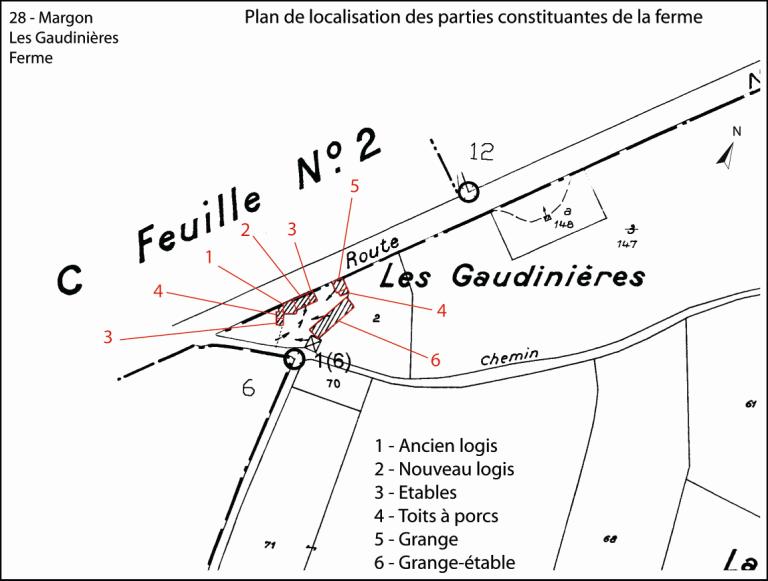 Plan de localisation des parties constituantes de la ferme (fond : plan cadastral de 1990, section B)./Florent Maillard (Parc naturel régional du Perche).