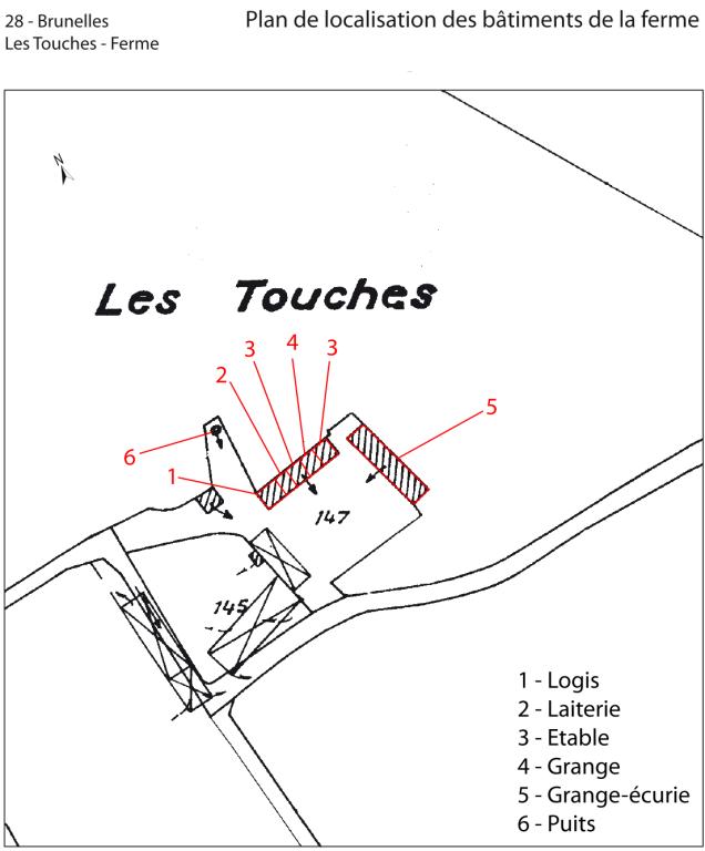 Plan de localisation des bâtiments de la ferme (fond : cadastre actuel, section D2).