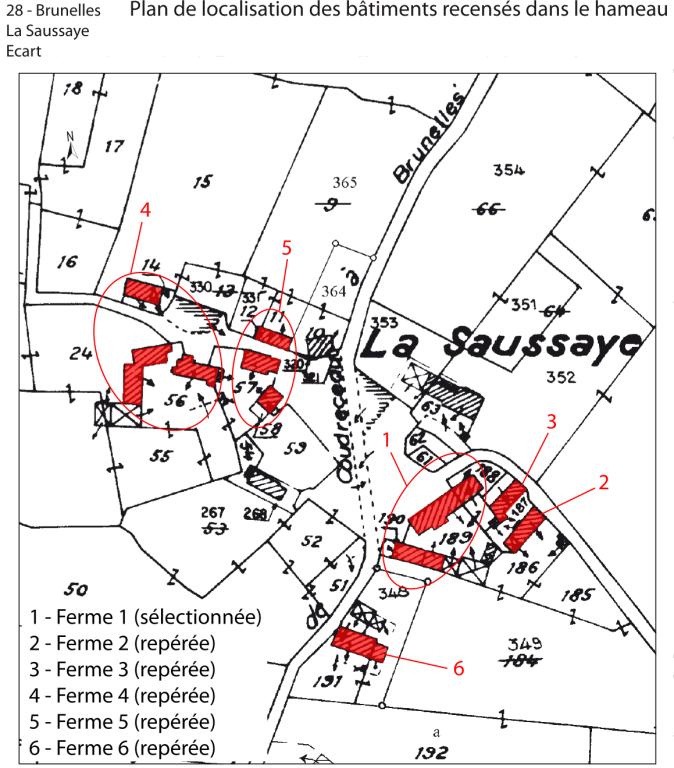 Plan de localisation des édifices recensés dans le hameau (fond : cadastre actuel, section E1).