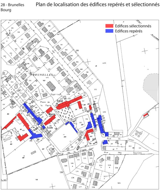 Plan de localisation des édifices repérés et sélectionnés dans le bourg (fond : cadastre actuel, section C1).