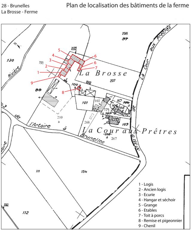 Plan de localisation des bâtiments de la ferme (fond : cadastre actuel, section B1).