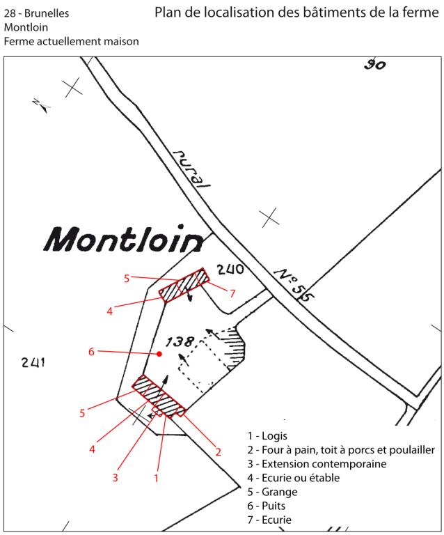 Plan de localisation des bâtiments de la ferme (fond : cadastre actuel, section B1).