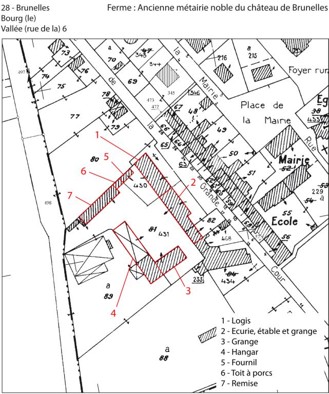 Plan de localisation des bâtiments de la ferme (fond : cadastre actuel, section C1).