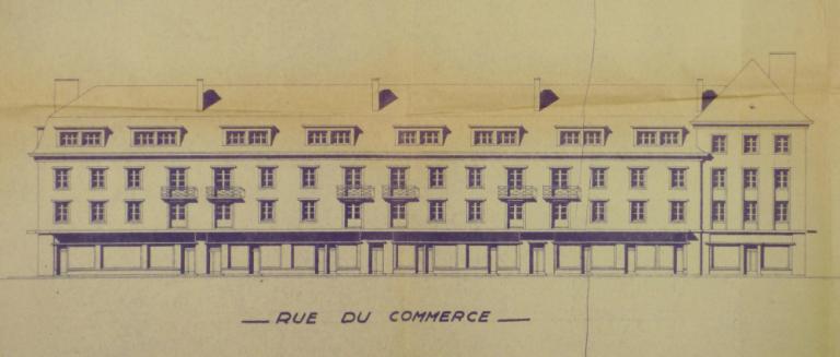 Elévation des façades rue du Commerce (extrait), André Le Roy arch., 10 juin 1947. (archives départementales d'Indre-et-Loire, Fonds Novello 88 J 38, îlot D). ; Elévation des façades rue du Commerce (extrait), André Le Roy arch., 10 juin 1947. (archives départementales d'Indre-et-Loire, Fonds Novello 88 J 38, îlot D).