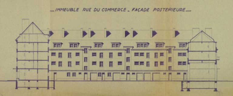 Elévation des façades postérieures (extrait), André Le Roy arch., 10 juin 1947. (archives départementales d'Indre-et-Loire, Fonds Novello 88 J 38, îlot D). ; Elévation des façades postérieures nord (extrait), André Le Roy arch., 10 juin 1947. (archives départementales d'Indre-et-Loire, Fonds Novello 88 J 38, îlot D).