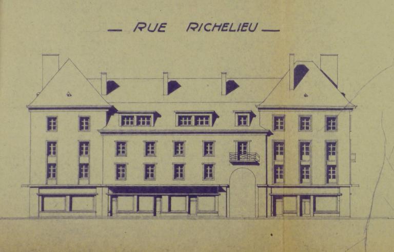 Elévation des façades rue du Maréchal-Foch (extrait), André Le Roy arch., 10 juin 1947. (archives départementales d'Indre-et-Loire, Fonds Novello 88 J 38, îlot D).