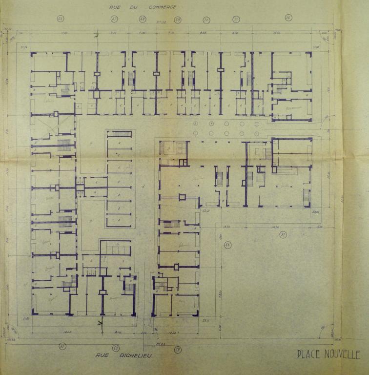 Plan du rez-de-chaussée de l'îlot (extrait), André Le Roy arch., 10 juin 1947. (archives départementales d'Indre-et-Loire, Fonds Novello 88 J 38, îlot D).