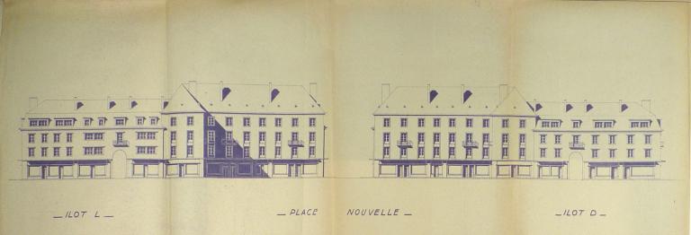 Elévation des façades des îlots D et L place de la Résistance (extrait), André Le Roy arch., 10 juin 1947. (archives départementales d'Indre-et-Loire, Fonds Novello 88 J 38, îlot D). ; Elévations des façades donnant sur la place de la Résistance des îlots D et L (extrait), André Le Roy arch., 10 juin 1947. (archives départementales d'Indre-et-Loire, Fonds Novello 88 J 38, îlot D).