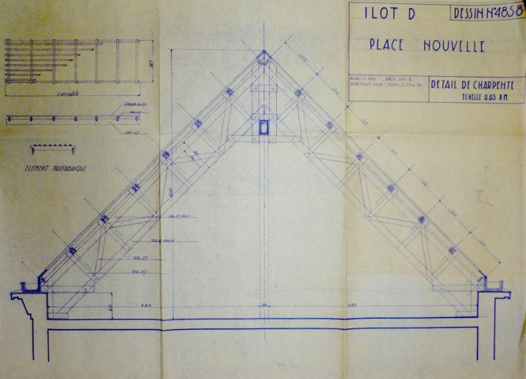 Détail de charpente (immeubles place de la Résistance, îlot D), André Le Roy arch., 24 juin 1948. (archives municipales de Tours, 149 W 16, îlot D).
